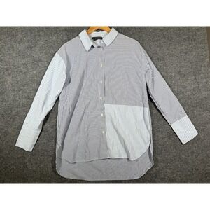 Primark Unique Patchwork Shirt Women 8 White Blue Striped Button Up High Low Hem